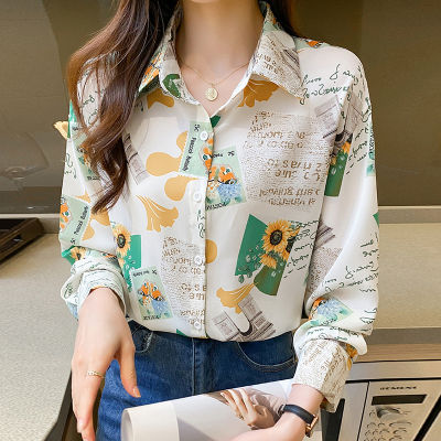 Real Shot Womens Shirt 2023 Spring And Autumn New All-Match Long-Sleeved Base Shirt Age-Reducing Elegant Floral Chiffon Top