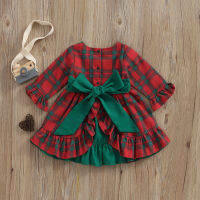 1-7ปีเด็กสาวลายสก๊อตชุดแขนยาว Patch สีสูงเอว Ruffle ชุดคริสต์มาสสำหรับสีแดง Casual Xmas Party Dress