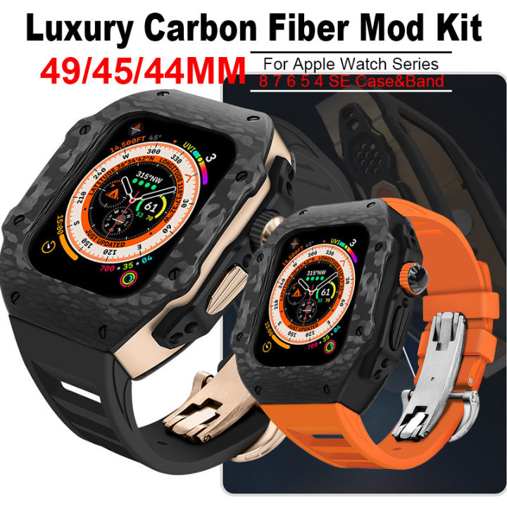 For Apple Watch Ultra 49mm Mod Kit Carbon Fiber Case Fluororubber Band 44mm  45mm