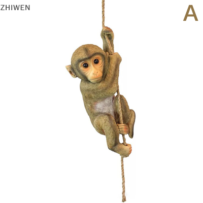 ZHIWEN สวนสัตว์ลิงชิมแปนซีแขวนต้นไม้เด็กทารกงานฝีมือเรซิ่นรูปปั้นตกแต่งในแผงกระถางต้นไม้บ้าน