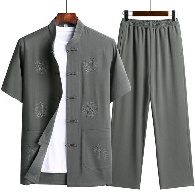 Tang ชุดชายสไตล์จีนปู่แขนสั้นผ้าฝ้ายและผ้าลินินชุดพ่อวัยกลางคนและผู้สูงอายุ Hanfu เสื้อผ้าสไตล์จีนสำหรับผู้สูงอายุ