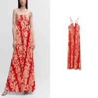 TRAF Pleated Print Halter Neck Long Dress For Woman 2023 Summer New Red Sexy Thin Straps Gathered Design Party Dress Vestidos