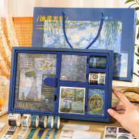 ชุดสมุดโน๊ตน่ารักๆชุดกล่องน่ารักสมุดบันทึกเครื่องเขียนไดอารี่ภาพวาดสีน้ำมัน Monet อุปกรณ์การเรียนของขวัญเทปกระดาษญี่ปุ่นสมุดบันทึกรายวันราคาประหยัด