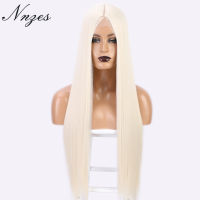 NNZES 24&amp;28 Inches Synthetic Long Straight White Wig Middle Part Black Blonde Red Wig for Women Heat Resistant Fiber