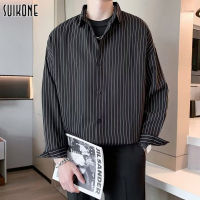 Suikone เสื้อวินเทจชาย เสื้อเชิ้ตผู้ชายลายทางแขนเจ็ดส่วนสไตล์ที่คุ้นเคย