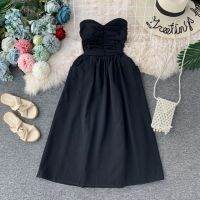 ZZOOI GETSPRING Women Dress Cotton Dresses Sexy Strapless Summer DressesOff Shoulder Khaki Black Vintage Fashion Women Clothes 2020