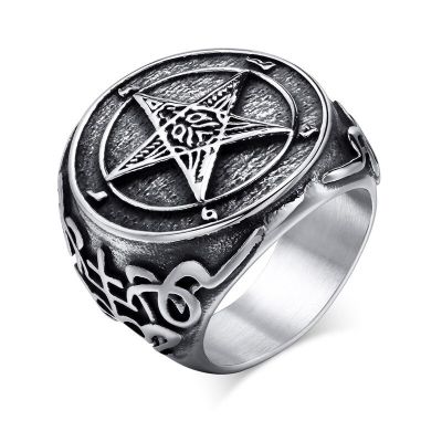 KOTiK Punk วินเทจแหวนลูซิเฟอร์สำหรับสแตนเลสชายซัลเฟอร์เลวีอาธานข้ามสัญลักษณ์มารปีศาจแหวน