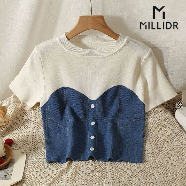 เสื้อยืดแขนสั้น-คอกลม-ผ้าถัก-แฟชั่นฤดูร้อน-สําหรับผู้หญิง-v728