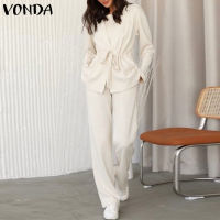 (จัดส่งฟรี)Fancystyle VONDA ผู้หญิงเดินทางชุดคอวีแขนยาวท็อปส์หลวมเอวยางยืดกางเกงแข็ง