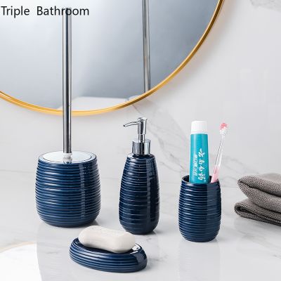 【jw】◑✒  cerâmica azul quatro peças conjunto de ferramentas lavagem dispensador sabão boca copo saboneteira escova do banheiro higiene pessoal