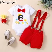 Prowow 0-18M Half Birthday Clothes Baby Boys Set Short Sleeve Letter Romper Red Overalls Pants 6 Months Birthday Outfits For Boy