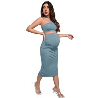 【DT】hot！ New Maternity Pieces Skirt Set 2023 Twinset Halter Cropped Top Skirt Premama Outfits