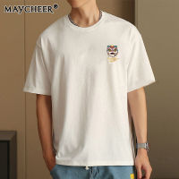 MAYCHEER เสื้อยืดแขนสั้นผู้ชายคอลูกเรือ สลิมกางเกงขายาวนักเรียนพิมพ์ลาย