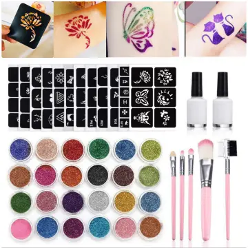 Diamond Glitter Tattoo Set Temporary Tattoo Kit 24 Glitter Colors