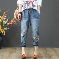 【มีไซส์ใหญ่】Plus Size Womens M-3XL Floral Embroidery Jeans Casual Elastic Waist Vintage Slim Cropped Pants