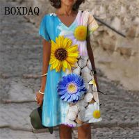 New Beach Shell 3D Print Dresses Summer 2023 Women Sunflower Pattern Short Sleeve Dress Fashion V-Neck Loose Oversized Sundress