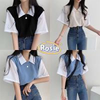 Rosie?พร้อมส่ง?ใหม่ เสื้อยืดโปโล คอปก แขนสั้น ปลอม สองชิ้น แฟชั่นสําหรับผู้หญิง