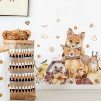 【CW】Boho การ์ตูนน่ารัก Woodland สัตว์ Fox Hedgehog Nursery Beige สติ๊กเกอร์ติดผนังสำหรับห้องนอนเด็กตกแต่งห้องนอน Wall Decals Wallpaper