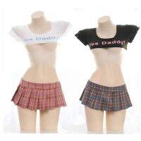 Sexy Schoolgirl Uniforms Naughty Lingerie Plaid Pleats Half Breast Yes Daddy Letter Print Tops Erotic Cosplay Mini Skirt For Sex