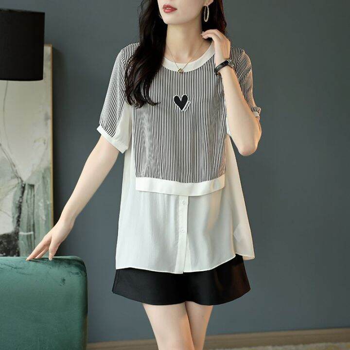 korean-style-womens-striped-stitching-t-shirt-new-design-round-neck-summer-short-sleeve-fashion-chiffon-shirt-trend