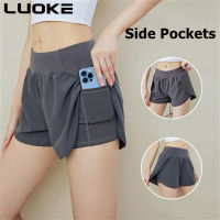 Luoke กางเกงขาสั้นของผู้หญิงด้านข้าง Pocket Breathable แห้งเร็วกีฬาหลวมๆวิ่งออกกำลังกายโยคะกางเกงขาสั้นทรงแคบ