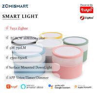 Zemismart Tuya Zigbee ไฟดาวน์ไลท์ติดพื้นผิวLEDไฟเพดานสีสันสดใสแบบหรี่ไฟได้ไฟติดพื้นผิวไฟ Led 9W RGBCW ไม่จำเป็นต้องใช้รู100มม. สปอตไลท์กลม Alexa Echo ควบคุ