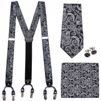 เสื้อ Suspenders สีดำ Paisley ผ้าไหมชุดหนัง Western กางเกงสไตล์ผู้ชายวงเล็บปรับ 6 คลิป Suspenders Barry.Wang-VXCB MALL