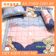 Full SET Chăn Gối Cho Bé Mầm Non 5 món Mền đắp được trần bông mẫu Gấu happy