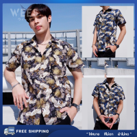 WEES x Hawaii เสื้อฮาวาย ลายนกกระเรียนมงกุฎแดง ผ้าคอตตอนญี่ปุ่น เสื้อเชิ้ตแขนสั้น กระดุมกะลา