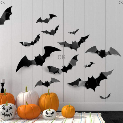 CK 12pcs Halloween Decoration 3D Black PVC BAT Halloween PARTY Decor props Sticker