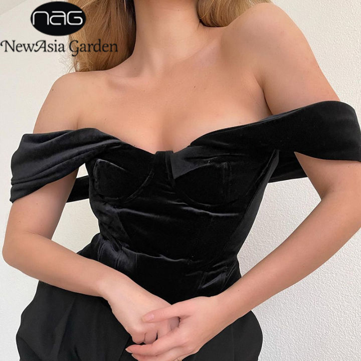 2021NewAsia Velour Corset Top Women Push Up Padded Boned Underwire Zip Back Blouses Sexy Off Shoulder Backless Club Outfits