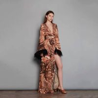 ZZOOI Womens Feather Long Dress Party Evening Dress Fashion Cocktail Robe Long Sleeves Festival Split Bohemia Printed Dress New