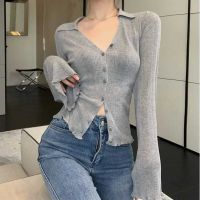 ☢ T-shirt Polo Collar Long Sleeve Cardigan Early Autumn Grey Short Top Small Crowd Irregular