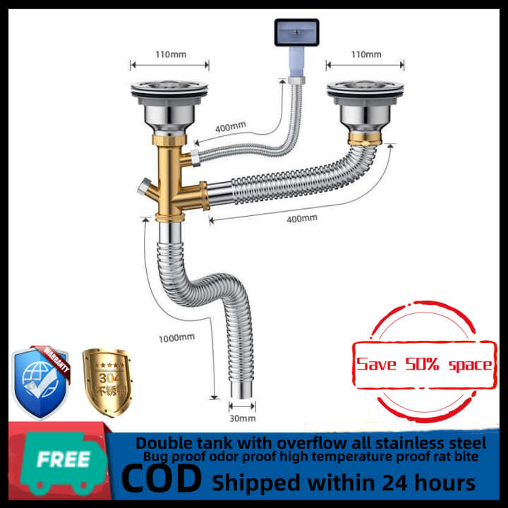 Stainless steel kitchen sink doubleslot drainer Ytype doublepass