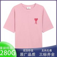 Original Quality Trendy Brand AMI23 New Candy Macaron Ice Cream Color Love Embroidery Short Sleeves For Men And Women