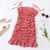 Tangada  Fashion Women Red Flowers Print Strap Dress Sleeveless Backless Zipper Female Mini Dress QW104