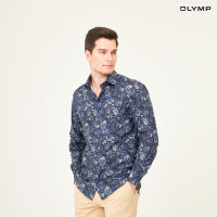 OLYMP GREEN CHOICE LUXOR Shirt เสื้อเชิ้ตรักษ์โลก สีน้ำเงิน ผ้าเท็กเจอร์ ลายกราฟิก ทรงหลวม ใส่สบาย รีดง่าย