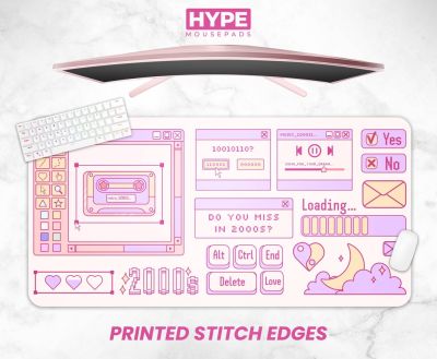 Pink Kawaii Retro Desk Mat, Mouse Pad, x  , Extra Large Big Wide, Stitched Edges, RGB, , Deskmat, Mousepad, Gaming