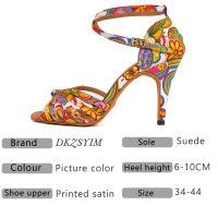 DKZSYIM Latin Dance Shoes For Women Female Ladies Ballroom Tango Dance Shoes Print Flowers Soft Bottom Salsa Dance Shoes 6-10CM