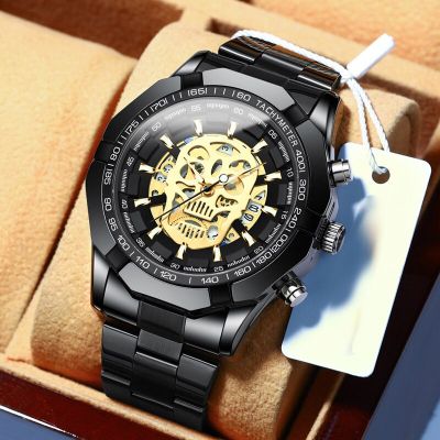 QINGXIYA Quartz Watch Men Black Gold Skeleton Mens Watches Top Brand Luxury Sports Watches Luminous Waterproof Relogio Masculino