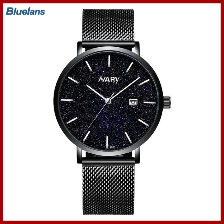 bluelans-นาฬิกาข้อมือชายแบบหน้าปัดกลม-นาฬิกาควอตซ์สำหรับผู้ชายกันน้ำได้หน้าปัดอัลลอยเรียบรูปดาวเต็มท้องฟ้าใส่ทำงานได้