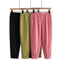 【มีไซส์ใหญ่】Plus Size XL-4XL Womens Solid Color Black Pink Ankle Pants Solid Color Elastic Waist High Waist Ladies Elegant Female Trousers