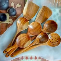 ◆┅☄ Lobular Acacia Natural Wood Tableware Spoon Ladle Turner Long Rice Colander Soup Skimmer Cooking Spoons Scoop Kitchen Tool Set