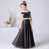 Black Satin Off The Shoulder Long Girls Dress Sashes Flower Formal Evening Party Dresses Junior Girl Princess Gown