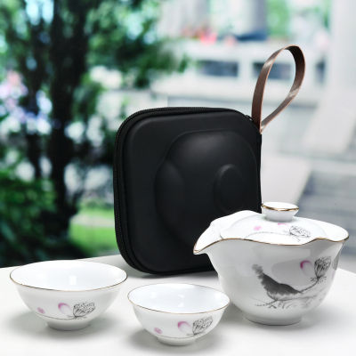 จีนเดินทางชุดน้ำชากังฟูสีดำเซรามิกแบบพกพากาน้ำชาพอร์ซเลนชา Gaiwan ถ้วยพิธีชงชาหม้อจัดส่งฟรี