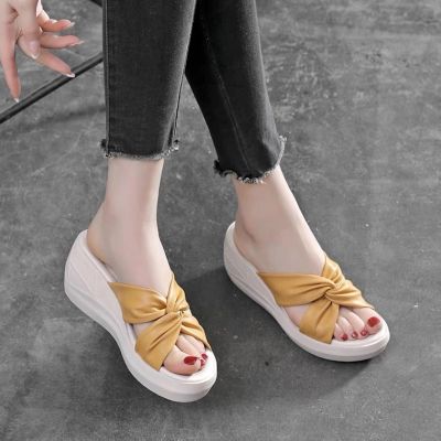 Women Real Soft Leather Wedge Sandals Korean Fashion Thick Sole Slippers