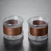 Vertical pattern high borosilicate glass drinking tea cup walnut heat insulation wood chip transparent kung fu set sketch cup glass