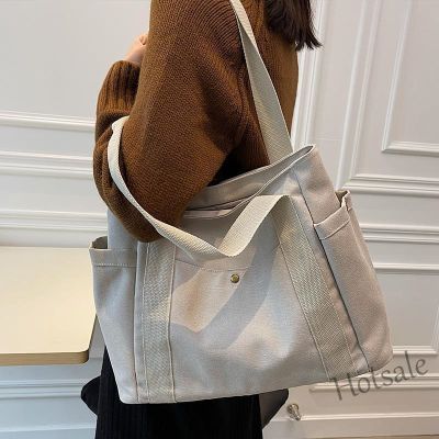 【hot sale】✈ C16 New Canvas Bag Woman Large Capacity Multiple Pockets Tote Bag Student Wild Solid Color Shoulder Bag Handbag