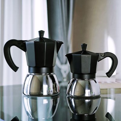 (4cup/6cup) เครื่องชงกาแฟ  กาต้มกาแฟ มอคค่าพอท ฐานสแตนเลส Stainless Moka Pot ใช้ได้กับเตาแก๊ส, เตาไฟฟ้า และเตาแม่เหล็กไฟฟ้า (สีดำ)