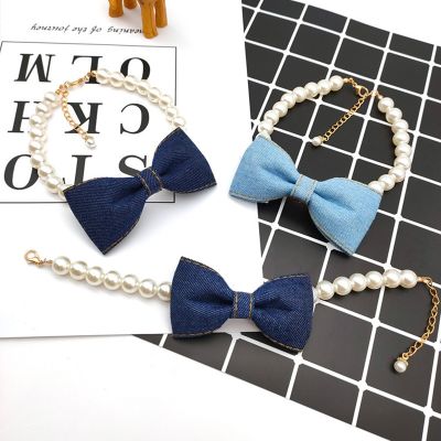 Cute Dog Necklace Pet Collar denim bow Pearl Rhinestone Pendants Accessories Jewelry Neck Chain for Small Dogs Large Dog Cats